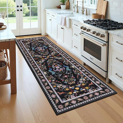HEBE Washable Hallway Runner Rug 2'x 8' Non Slip Kitchen Rugs Runner,Low Pile Entryway Rug Laundry Room Mat Floral Carpet Runners for Hallways, Kitchen,Bathroom,Laundry,Bedside Rug
