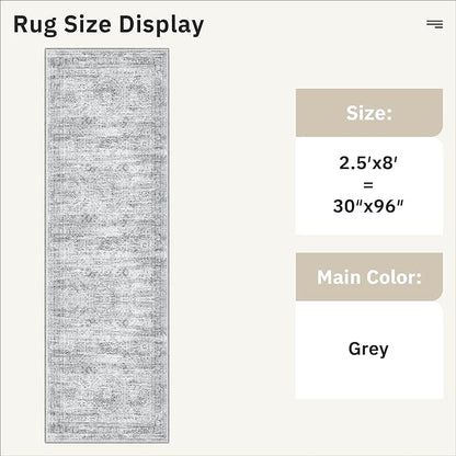 Washable Runner Rug, 2'6" x 8' Non-Slip Kitchen Vintage Foldable Hallway Runners for Entryway, Laundry, Bedroom, Grey