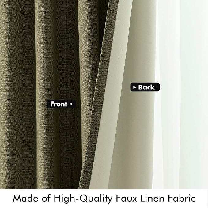 MIULEE 100% Blackout Linen Curtains for Bedroom, Light Olive Green Solid Luxury Decor Thermal Insulation Room Darkening Drapes for Living Room Nursery Back Tab Rod Pocket 42 x 96 Inches, 2 Panels