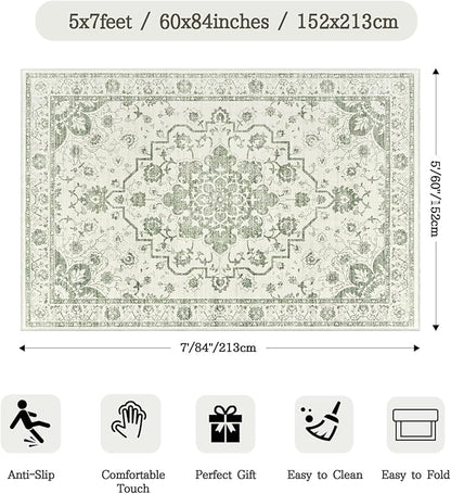 Madane 5x7 Area Rugs for Living Room, Vintage Stain Resistant Area Rug, Floral Print Rug Non-Slip Thin Washable Rugs for Bedroom Dining Room, Green/Ivory
