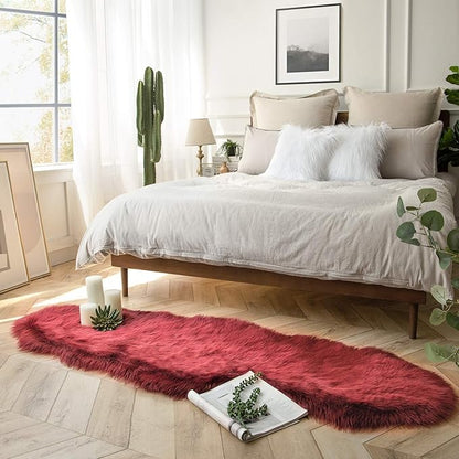 Ashler Faux Fur Rug, Deep Red Area Rugs, Fluffy Sheepskin Fur Rug, Fuzzy Ultra Soft 2 x 6 Ft Rugs, Machine Washable Shag Rug, Nursery Throw Rugs for Bed, Living Room