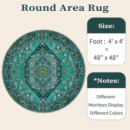 SERISSA Boho Round Area Rug, 4ft Washable Non-Slip Circle Rug, Ultra Soft Oriental Vintage Teal Low-Pile Small Circular Carpet for Bedroom Entryway Kids Room Office College Dorm Living Room