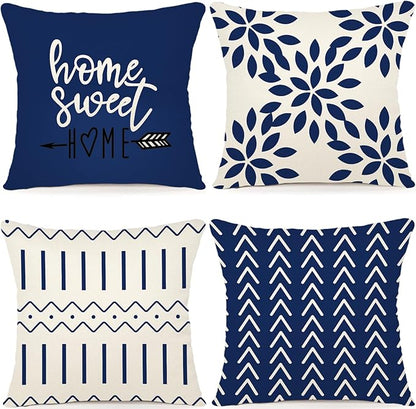 YCOLL Pillow Covers 16x16 Set of 4, Modern Sofa Throw Pillow Cover, Decorative Outdoor Linen Fabric Pillow Case for Chair Sofa Couch Bed Car, Dark Blue