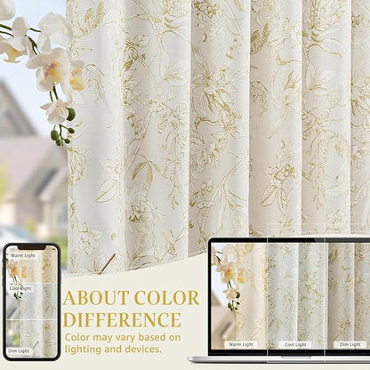 jinchan Floral Curtains 96 Inches Long Mustard Yellow Flower Linen Farmhouse Curtain for Living Room French Country Vintage Curtain Rod Pocket Curtains Set 2 Panels Floral Printed