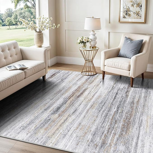 5x7 Area Rug for Living Room: Non-Slip Washable Rugs for Dining Room Bedroom Study Home Office - Easy-to-Clean Stain and Water Resistant Carpet - Soft Low-Pile Mat Beige Grey