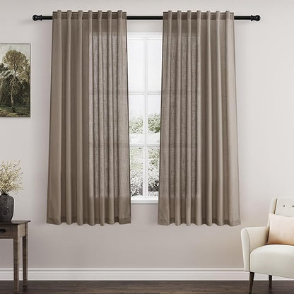 Nanspring Dark Taupe Linen Curtains 63 Inches Length 2 Panels Set for Living Room Back Tab Pocket Light Filtering Semi Sheer Drapes Neutral Farmhouse Cotton Linen Textured Window Curtain 52X63 Inch