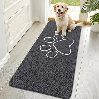 OLANLY Dog Door Mat for Muddy Paws 70x32, Paw Print Design, Absorbs Moisture and Dirt, Absorbent Non-Slip Washable Doormat, Quick Dry Chenille Mud Mat for Dogs, Entry Indoor Entryway Carpet, Dark Grey