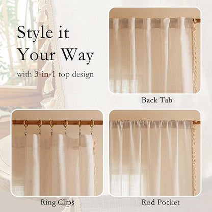 MYSKY HOME Natural Boho Sheer Curtains with Macrame 63 Inches Length for Short Window Treatment, Back Tab Design Light Filtering Privacy Drapes Farmhouse Home Decor，50" W×63" L, Natural，2 Panels