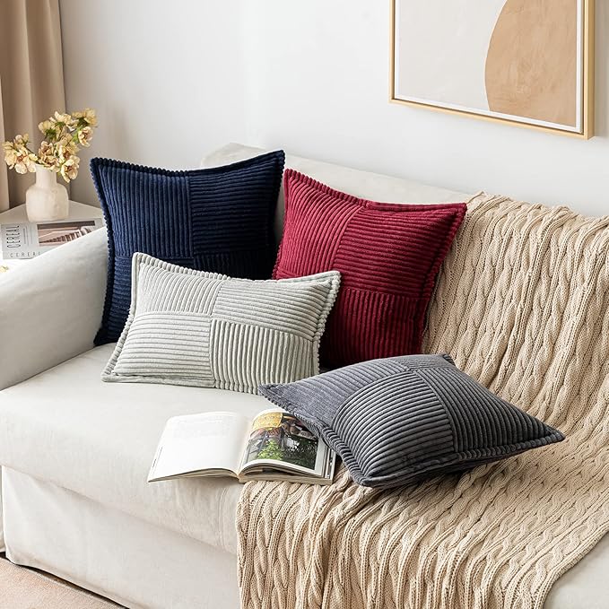 MIULEE Decorative Throw Pillow Covers for Couch Bed Livingroom 12x12 Inch Set of 2 Navy Blue Boho Accent Throw Pllows Broadside Striped Patchwork Soft Corduroy Summer Coastal Pillowcases