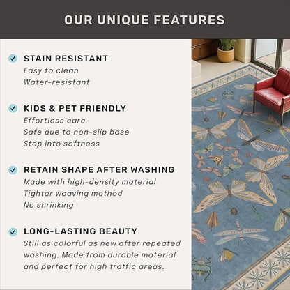 Hazo Haus Boho Non Slip Kitchen Rug Runner - 2x5 Blue Washable Thin Rug for Bathroom, Laundry Room, Hallway, Non Slip with Rubber Backing, Insect Print Unique Runner