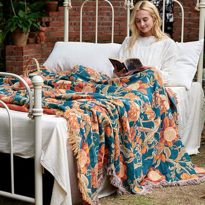 MSGKV Boho Throw Blanket for Couch Chair 100% Cotton Floral Bird Blanket 50"x60" Sofa Blankets Muslin Spring Breathable Lightweight Farmhouse Blankets Home Decor All Seasons