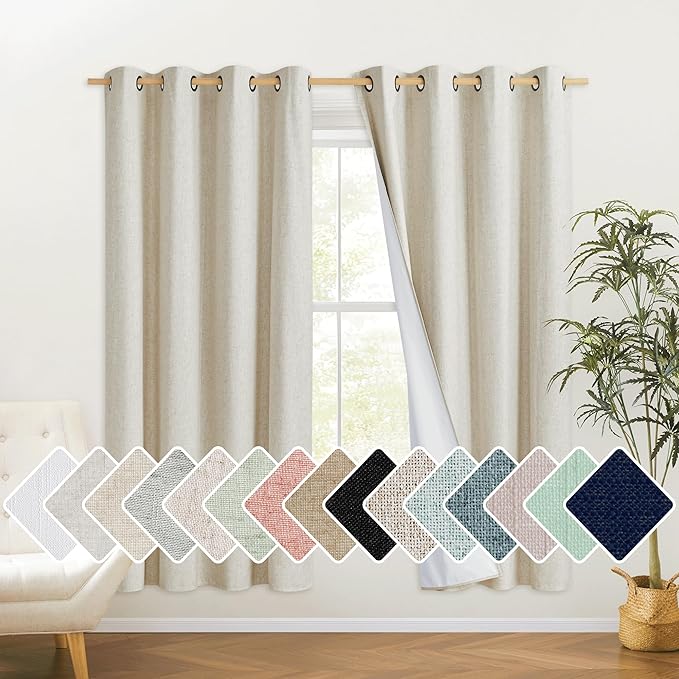 NICETOWN Natural Bedroom Full Blackout Linen Curtain Panels Set of 2, 52" by 72", Cold Reducing Thick Insulated Classic Grommet Blackout Draperies with White Thermal Insulated Liner for Windows