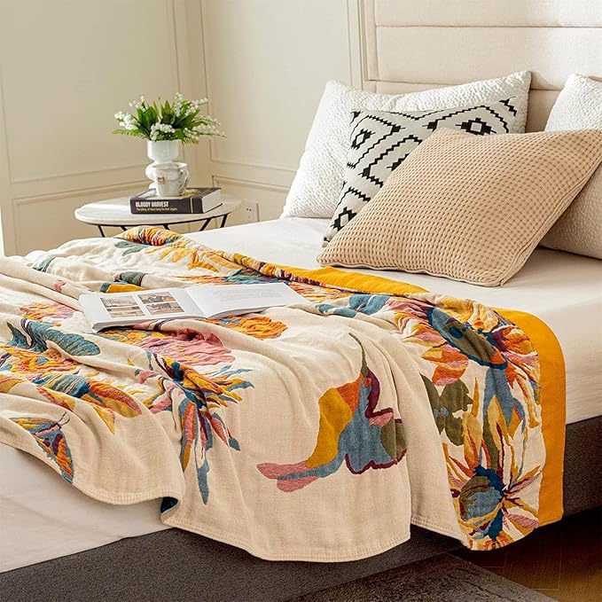 MSGKV Boho Throw Blanket King Size 108" x90'' Cotton Blanket for Bed Spring Decoractive Breathable Throw Blankets Quilt Living Room