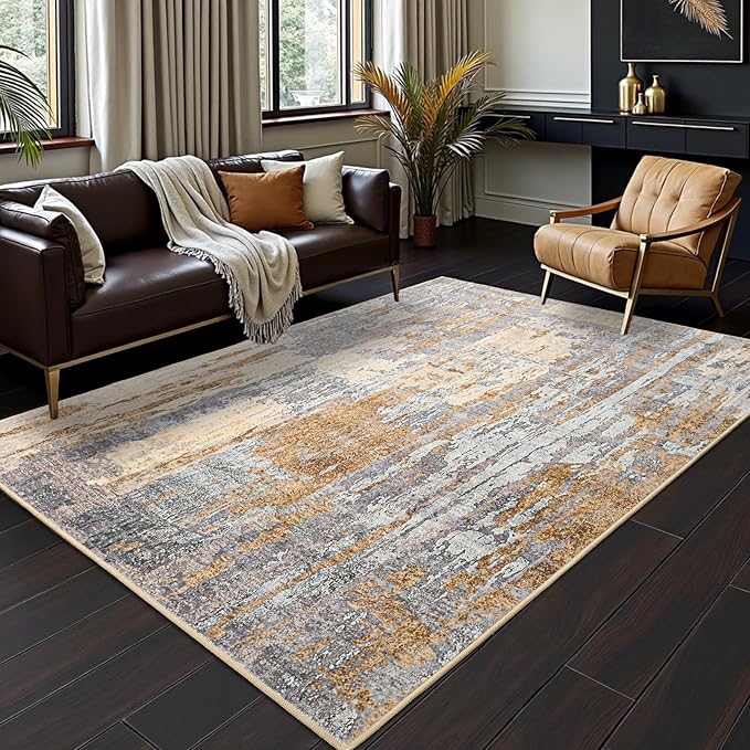 Toneed Abstract Area Rug Modern Washable Rug Soft Non Slip Rug Low Pile for Bedroom Living Room Dining Room Camel 8x10 Feet
