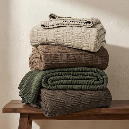 EVERGRACEHOME Modern Checkered Chenille Throw Blanket, Soft Cozy Plaid Knitted Chair Blanket for Sofa Couch, Decorative Knit Throw for Bed and Living Room, Olive Green, 50" x 60"