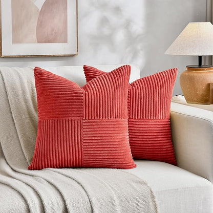Fancy Homi 2 Packs Red Euro Decorative Throw Pillow Covers 26x26 Inch for Couch Bed Sofa, Holiday Christmas Home Decor Gift, Soft Corss Corduroy Patchwork Textured Square Cushion Case 66x66 cm