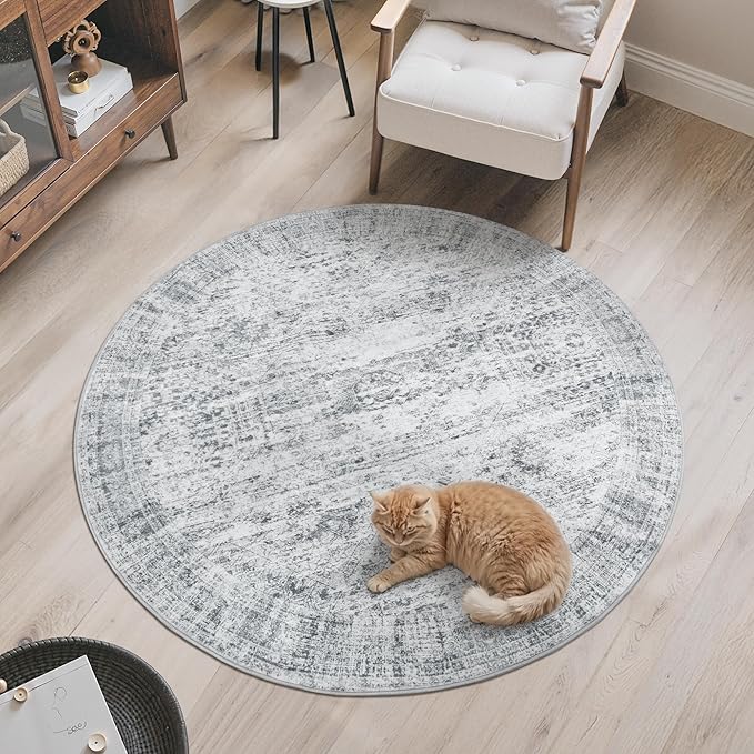 Soalmost 5x5 Grey Round Rug 5ft Living Room Circle Rug Vintage Gray Round Area Rug Non Slip Indoor Carpet for Entryway Dining Room Bedroom