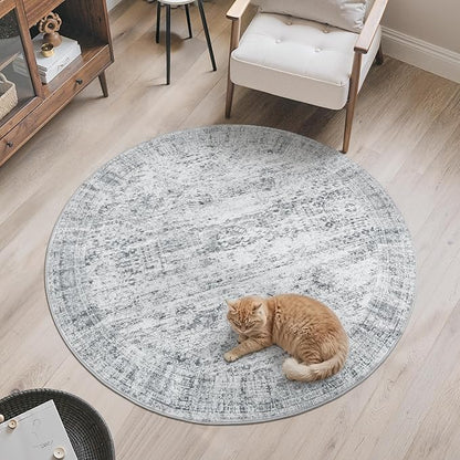 Soalmost 5x5 Grey Round Rug 5ft Living Room Circle Rug Vintage Gray Round Area Rug Non Slip Indoor Carpet for Entryway Dining Room Bedroom