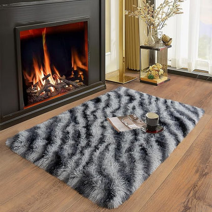 Soft Runner Rugs for Bedroom Hallways, 2x3 Black and White Fluffy Shag Throw Area Rug Non Slip for Bedside Dorm, Long Shaggy Furry Carpet for Nursery Living Room