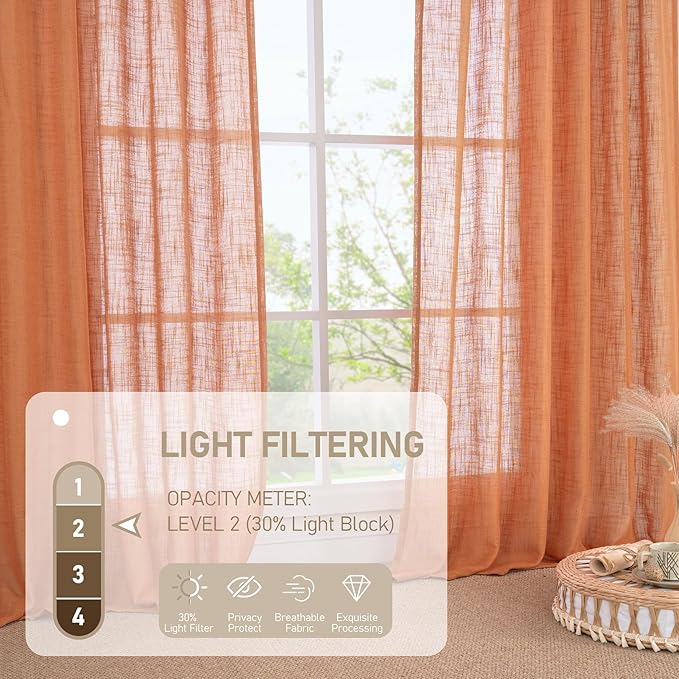 LAMIT 102 Inches Long Linen Curtains for Living Room, Back Tab and Rod Pocket Semi Sheer Curtains Light Filtering Farmhouse Drapes for Bedroom/Dining Room, Burnt Orange, Set of 2, 52 x 102 Inch