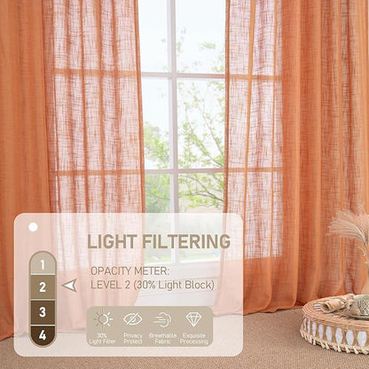 LAMIT Burnt Orange Linen Curtains 90 Inch for Living Room, Back Tab and Rod Pocket Linen Textured Farmhouse Curtains Light Filtering Drapes for Bedroom/Dining Room, Set of 2, 52 x 90 Inch