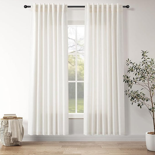 Nanspring Ivory White Curtains 80 Inches Length for Living Room Back Tab Rod Pocket Semi Sheer Linen Drapes Muted Neutral Boho Linen Window Curtain for Bedroom/Dining Room 52X80 Inches