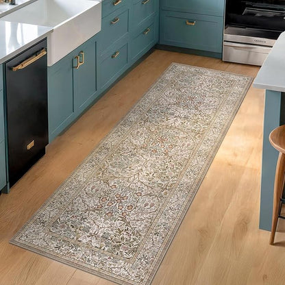 2x6 Washable Bathroom Runner Rug Non Slip - Moss Green Small Runner Rug for Kitchen, Bedroom, Hallway, Stain Resistant Kitchen Floor Mat, Ultra Soft Vintage Oriental Taupe Brown Décor Low Pile