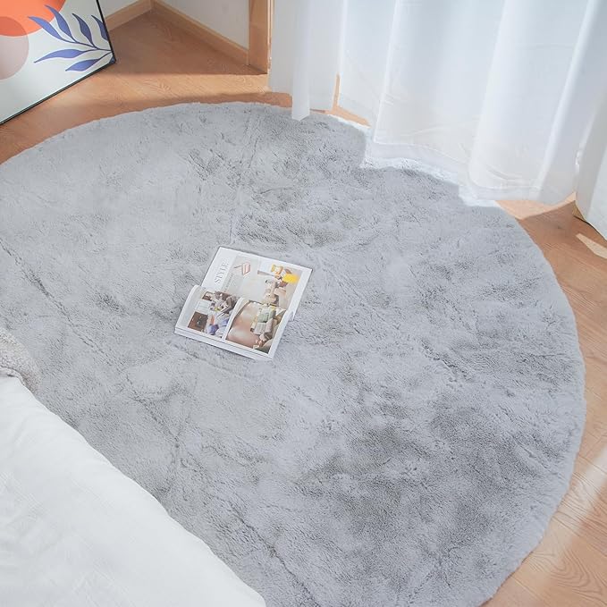 ORINOVA Grey Round Rug 3ft Machine Washable Shaggy Area Rugs for Living Room Faux Bunny Fluffy Fur Rug for Bedroom Small Circle Nursery Rug