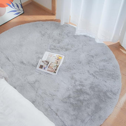 ORINOVA Silver Grey Round Rugs 8ft Shag Washable Area Rugs for Bedroom Faux Bunny Fur Circle Rug for Living Room Large Sheepskin Nursery Rug Home Décor