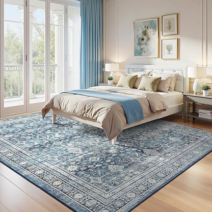 Lofus 9x12 Area Rug for Living Room,Blue Washable Area Rugs with Non-Slip Backing,Soft Boho Carpets for Bedroom Dining Room Home Office Indoor Nursery