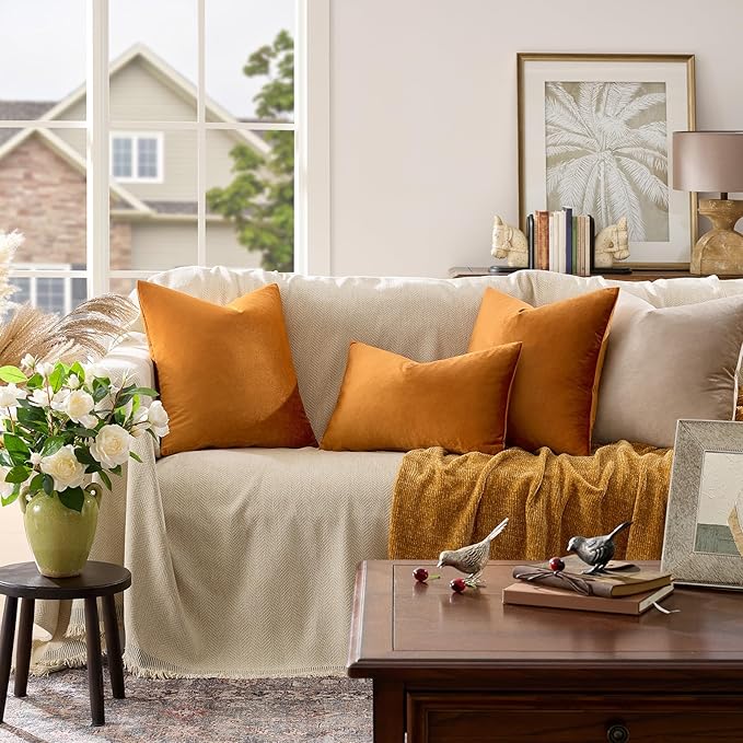 GIGIZAZA Cinnamon Orange Velvet Decorative Throw Pillow Covers for Sofa Bed 2 Pack Soft Cushion Cover