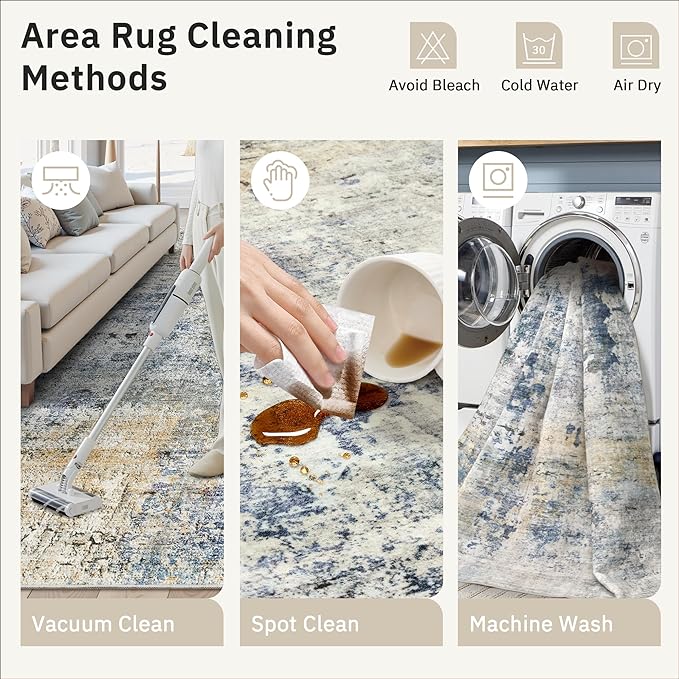 Abstract Rug 5x7 Machine Washable Area Indoor Blue Yellow Low Pile Non-Slip Foldable Thin Accent Rugs for Bedroom Living Room Dining Room