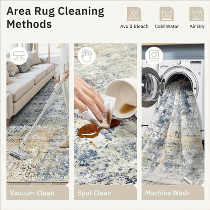 Abstract Rug 5x7 Machine Washable Area Indoor Blue Yellow Low Pile Non-Slip Foldable Thin Accent Rugs for Bedroom Living Room Dining Room