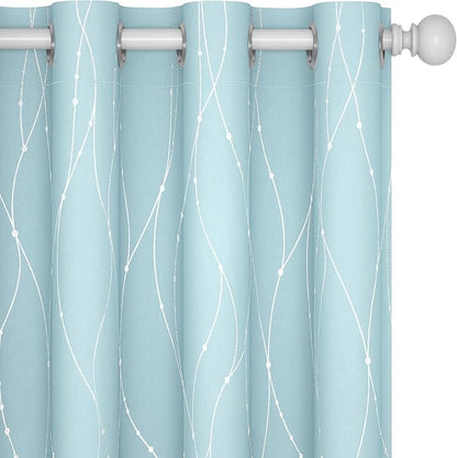 Deconovo Blackout Curtains, Thermal Insulated Soundproof Grommet Drapes, Wave Dot Foil Print, 52 x 95 Inch, Set of 2, Machine Washable Window Panel for Bedroom Living Room Nursery Kitchen, Light Blue