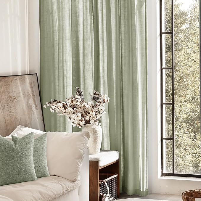 Linen Blend Sage Green Curtains 90 inch Length 2 Panels for Bedroom Back Tab Light Filtering Semi Sheer Drapes Linen Cotton Textured Light Green Airy Modern Farmhouse Living Room Sage Aesthetic Decor