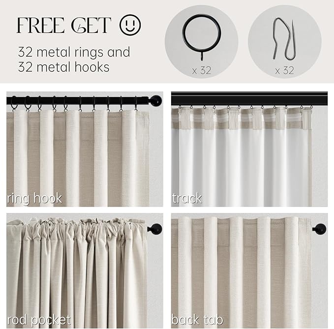 Topfinel 107 Inch Long Farmhouse Linen Blackout Curtains for Bedroom 2 Panel Sets Natural Ivory Birch Linen Texture Thermal Insulated Energy Saving Drapes for Sliding Door (W52 x L107 x2)