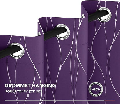 Deconovo Short Purple Curtains, Blackout Drapes with Wave Line Silver Print, 38 x 45 Inches Long, Thermal Insulated Panel, Grommet Top, Machine Washable, Set of 2 Panels for Kitchen Nursery Bedroom