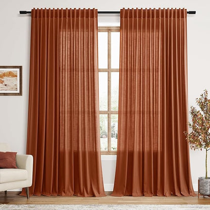 Nanspring Extra Wide Long Curtains for Living Room 108 Inches Long Back Tab Terracotta Linen Semi Sheer Rustic Farmhouse Boho Floor to Ceiling High Window Curtain for Bedroom Luxury 100x108, 2 Panels