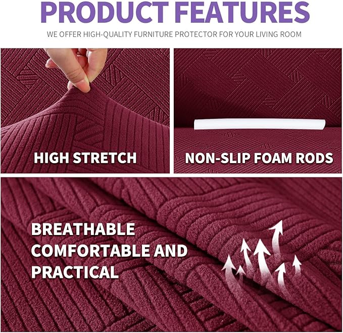 ZNSAYOTX Super Stretch Loveseat Covers (57"-70"), New Striped Love Seat Slipcover, Dogs Pet Friendly Anti-Slip Couch Protector Spandex Durable 2 Seater Fabric Sofa Cover (Wine Red, Loveseat)