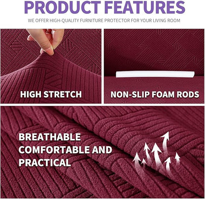 ZNSAYOTX Super Stretch Loveseat Covers (57"-70"), New Striped Love Seat Slipcover, Dogs Pet Friendly Anti-Slip Couch Protector Spandex Durable 2 Seater Fabric Sofa Cover (Wine Red, Loveseat)
