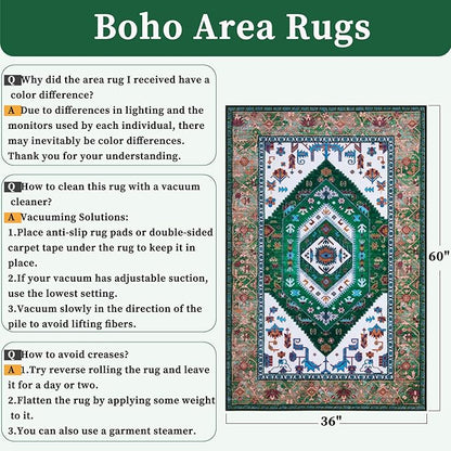 SERISSA Area Rug 3x5 Boho Rugs for Bedroom, Washable Non-Slip Living Room Rug, Ultra Soft Print Distressed Vintage Green White Rug Low-Pile Throw Carpet for Entry Kitchen Bedroom Nursery Dorm Decor