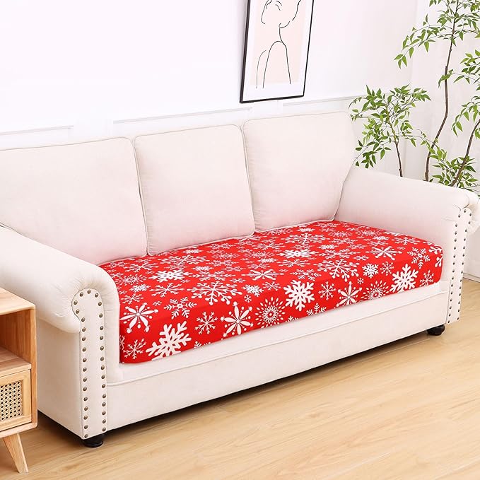 hyha Printed Couch Cushion Covers, Floral Sofa Covers Washable for 3 Cushion Couch, Stretch Pattern Outdoor Cushion Covers for Patio Furniture with Elastic Bottom(Large, Christmas Snowflakes)