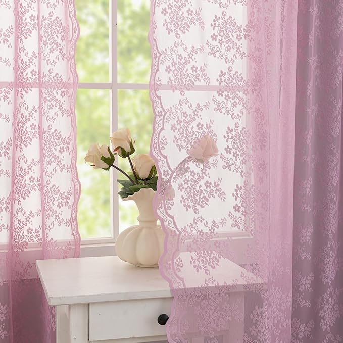 YJ YANJUN Vintage Lace Curtains 72 Inches Long-Victorian Floral Pattern Lalic Sheer Curtain Panels for Living Room Bedroom,Light Filtering, Cute Girls Drapes 2 Panels 52W x 72L Purple Blush