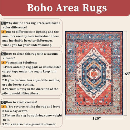 SERISSA 10x14 Area Rugs for Living Room, Large Washable Non-Slip Boho Rug, Ultra Soft Vintage Rust Oriental Tribal Print Distressed Carpet for Dining Room Bedroom Office Home Decor