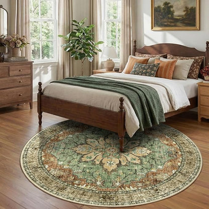 Area Rugs 8ft Washable Non-Slip, Floral Vintage Distress Print Pattern Medallion Carpet for Living Room Bedroom Dining Room, Brick Red Rust Neutral Brown Burnt Orange