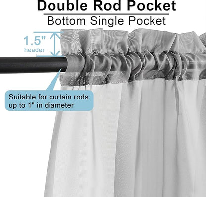 OWENIE Short Sheer Curtains 30 Inches 2 Panels Set, Kitchen Tiers Light Filtering Rod Pocket Cafe Curtains for Bathroom Small Half Window, 42 in W x 30 in L, Grey