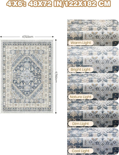 4x6 Area Rugs for Living Room, Non-Slip Backing Small Kids Rugs for Bedroom, Vintage Floral Rug Home Decor, Low Pile Soft Washable Rug for Kitchen, Dining Room (Blue/Beige,4'x6')