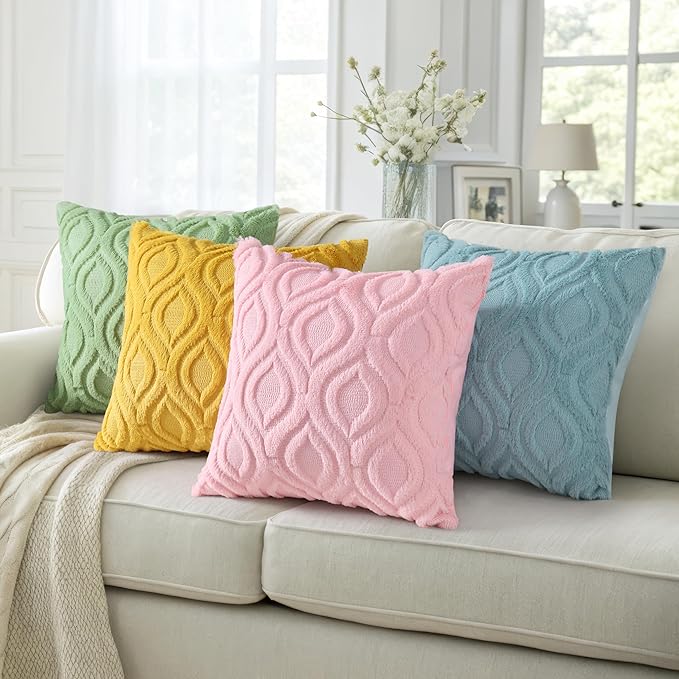 decorUhome Summer Throw Pillow Covers 24x24 Inch Set of 2, Soft Plush Faux Wool Aqua Solid Couch Pillow Covers, Accent Euro Sham Farmhouse Neutral Square Pillow Cases for Sofa Bed Living Room