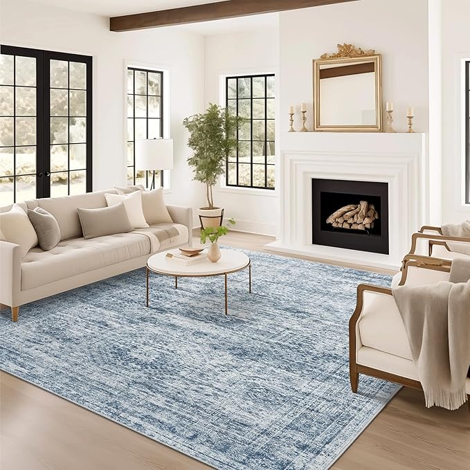 Washable Area Rug 8x10, Large Soft Rugs for Living Room Vintage Blue 8x10 Area Rugs for Bedroom Dining Room Non-Slip Stain Resistant Under Table Rug