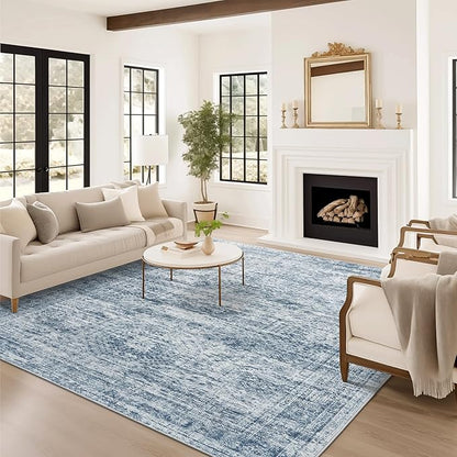 Washable Area Rug 8x10, Large Soft Rugs for Living Room Vintage Blue 8x10 Area Rugs for Bedroom Dining Room Non-Slip Stain Resistant Under Table Rug